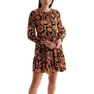 NWT Express Warm Tone Floral Crew Neck Long Sleeve Mini Shift Dress Women's Med